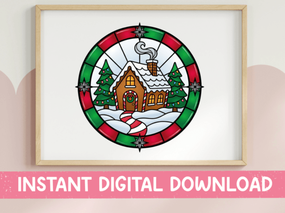 Christmas Cottage Stained Glass Circle: A Festive Design Asset